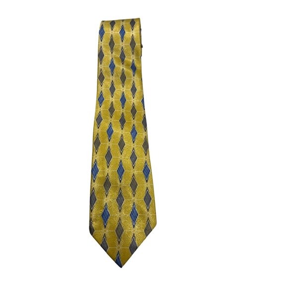 Vintage Tiger Geometric Silk Tie With Yellow Blue & Gray Diamond Pattern 11a - Picture 1 of 3
